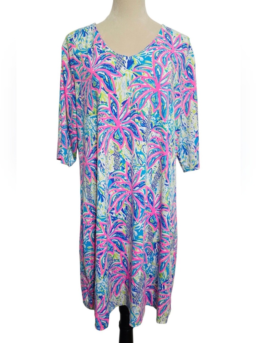Lulu-B 1X SPF 50 Tropical Palm Print Dress Pink Blue 3/4 Sleeve Resort Plus - Picture 3 of 14